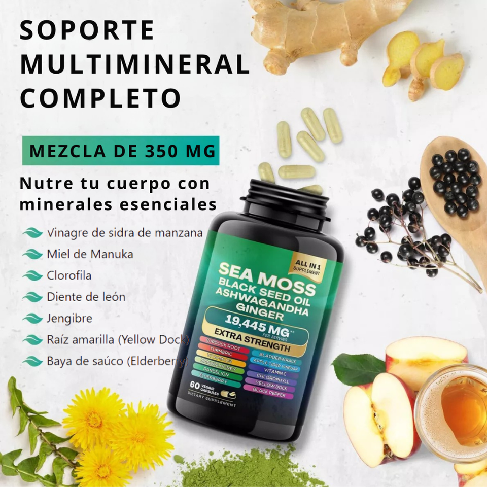Suplemento Natural 8 en 1 – Sea Moss – Black Seed Oil – Ashwagandha – Extra Strength 19,445 mg | 120 cápsulas