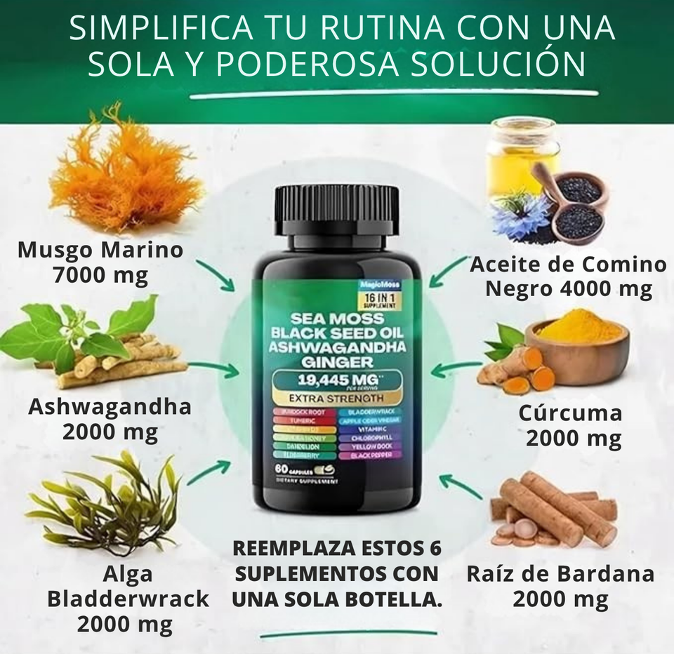 Suplemento Natural 8 en 1 – Sea Moss – Black Seed Oil – Ashwagandha – Extra Strength 19,445 mg | 120 cápsulas