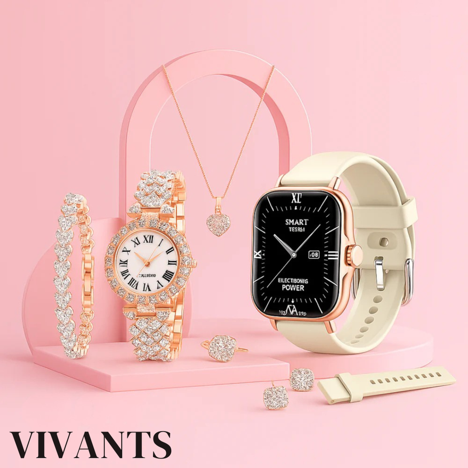 Kit Exclusivo 7 en 1 – Smartwatch A58 Plus + Accesorios y Joyas en un único kit completo