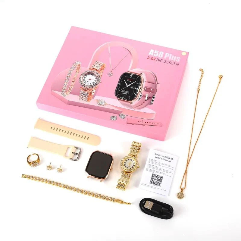 Kit Exclusivo 7 en 1 – Smartwatch A58 Plus + Accesorios y Joyas en un único kit completo